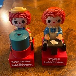 Raggedy Ann and Andy stapler and pencil sharpener (not working) purchased 1970